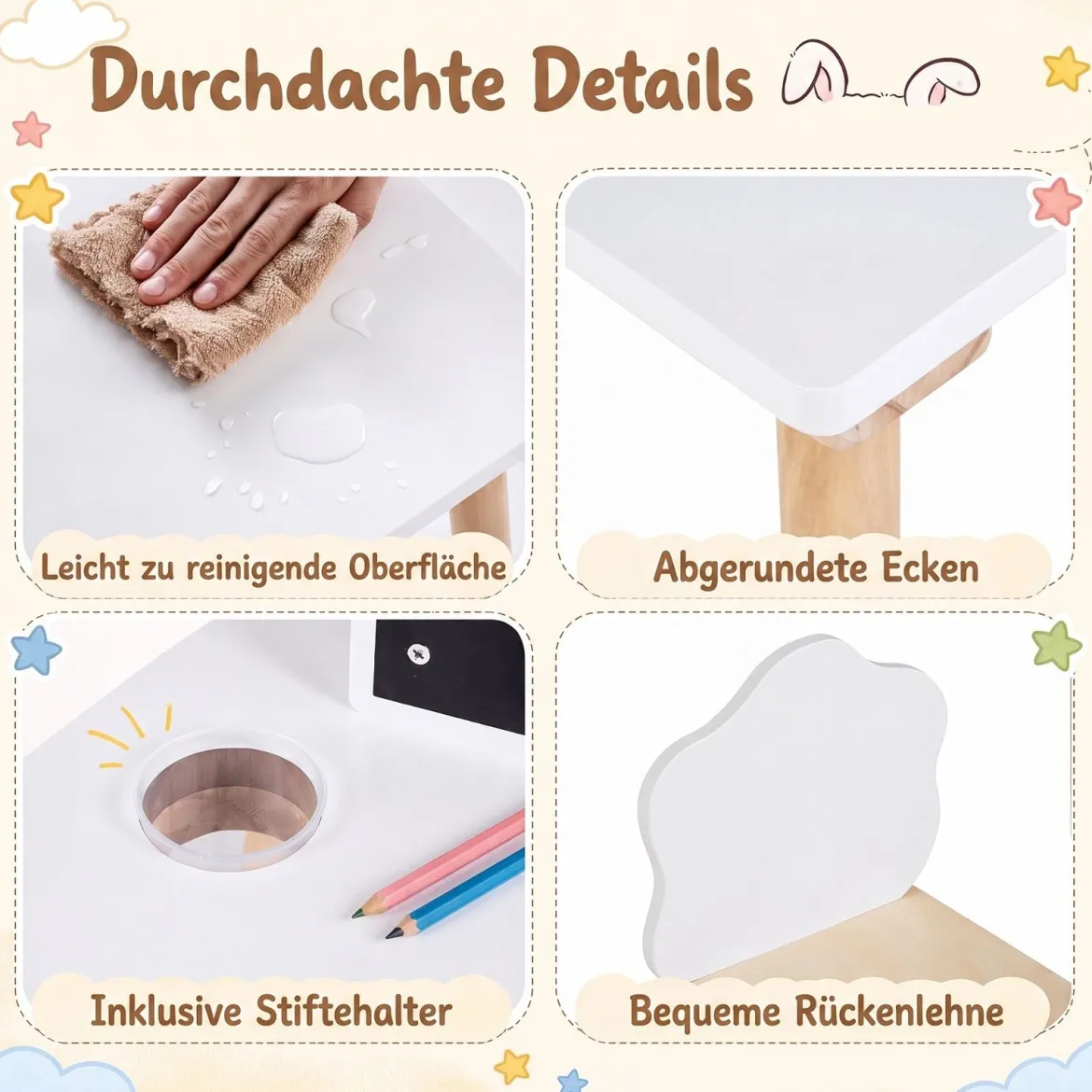 Kindertisch mit Stuhl Kinderschreibtisch mit Tafel für Kinder ab 3 Jahren Weiß + Natur