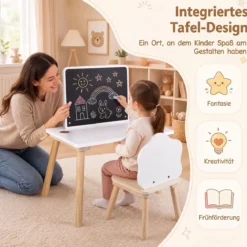 Kindertisch mit Stuhl Kinderschreibtisch mit Tafel für Kinder ab 3 Jahren Weiß + Natur