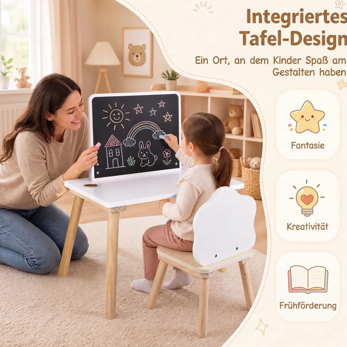 Kindertisch mit Stuhl Kinderschreibtisch mit Tafel für Kinder ab 3 Jahren Weiß + Natur