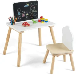 Kindertisch mit Stuhl Kinderschreibtisch mit Tafel für Kinder ab 3 Jahren Weiß + Natur