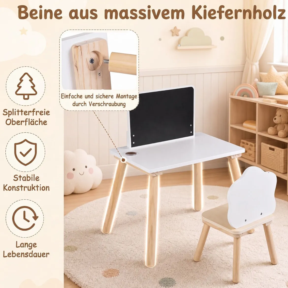 Kindertisch mit Stuhl Kinderschreibtisch mit Tafel für Kinder ab 3 Jahren Weiß + Natur