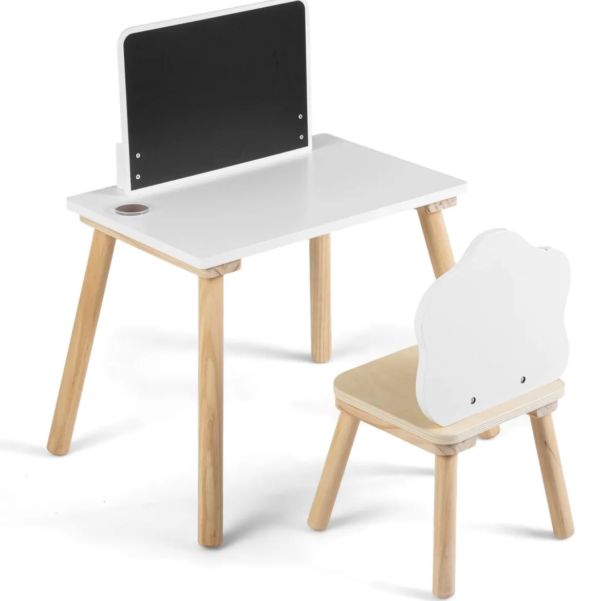 Kindertisch mit Stuhl Kinderschreibtisch mit Tafel für Kinder ab 3 Jahren Weiß + Natur