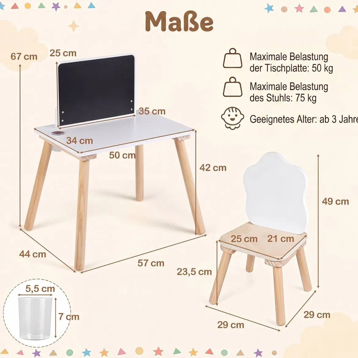 Kindertisch mit Stuhl Kinderschreibtisch mit Tafel für Kinder ab 3 Jahren Weiß + Natur