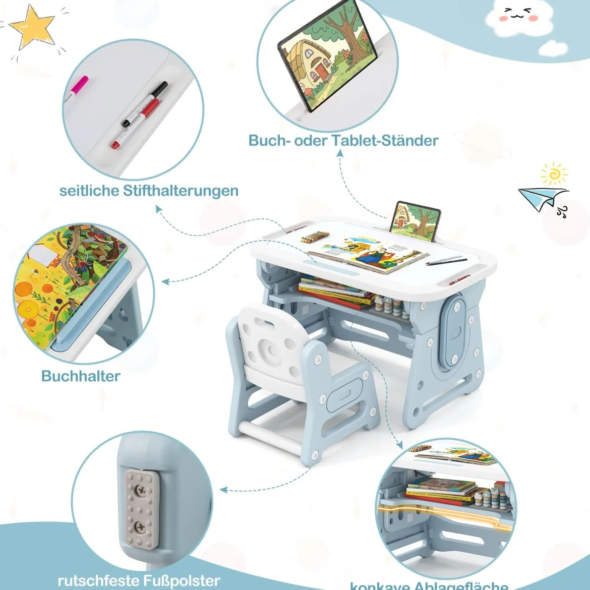 Kindertisch mit Stuhl & Neigbarem Whiteboard Höhenverstellbare Kindersitzgruppe Blau
