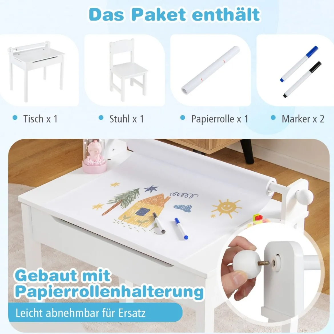 Kindertisch mit Stuhl Sensorisches Tischset für Kinder Weiß