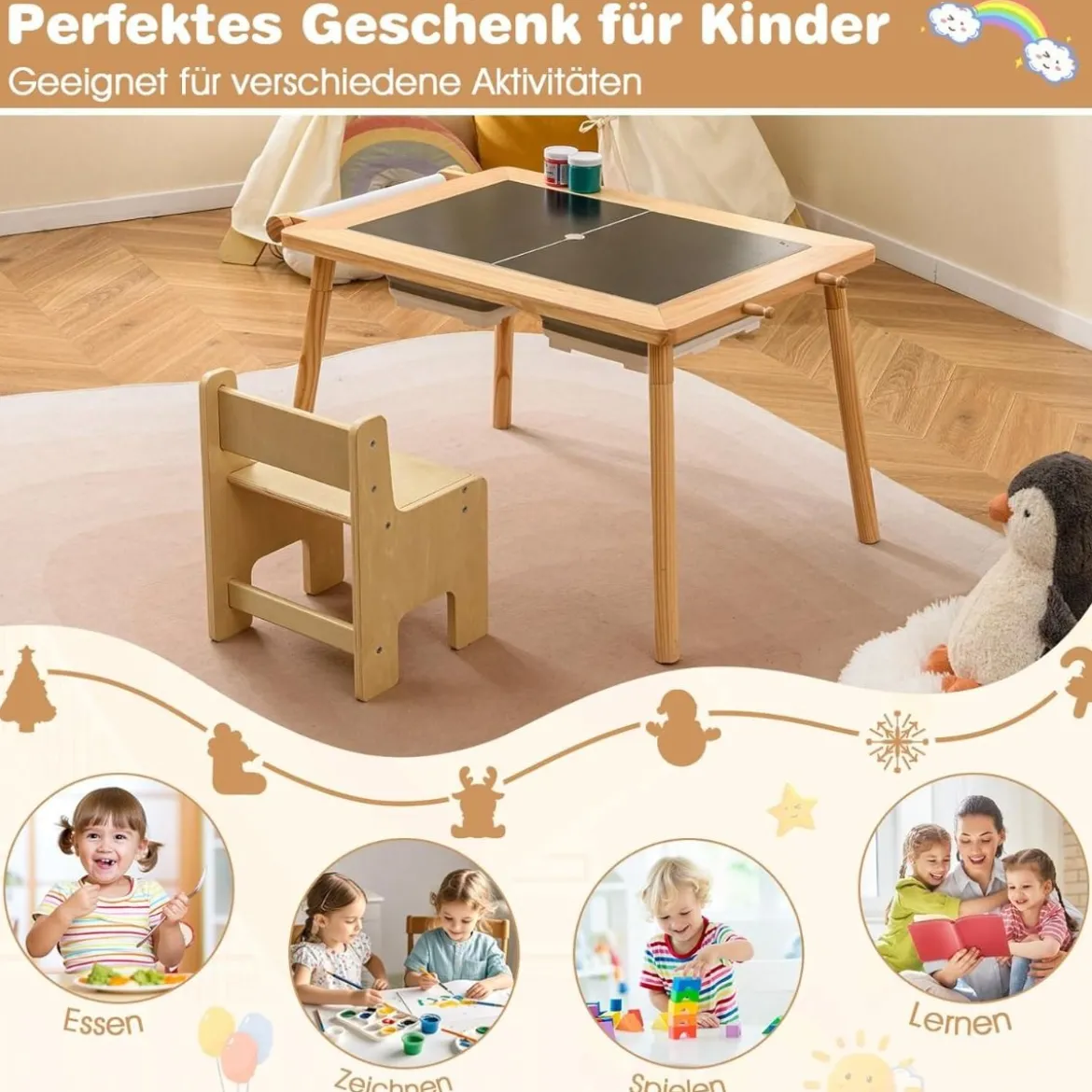 Kindertisch mit Umkehrbarer Tischplatte Höhenverstellbarer Spieltisch aus Kieferholz Natur