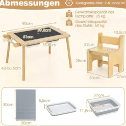 Kindertisch mit Umkehrbarer Tischplatte Höhenverstellbarer Spieltisch aus Kieferholz Natur