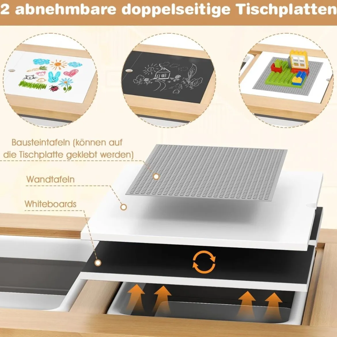 Kindertisch mit Umkehrbarer Tischplatte Höhenverstellbarer Spieltisch aus Kieferholz Natur