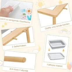 Kindertisch mit Umkehrbarer Tischplatte Höhenverstellbarer Spieltisch aus Kieferholz Natur