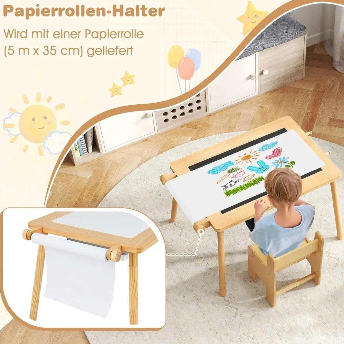 Kindertisch mit Umkehrbarer Tischplatte Höhenverstellbarer Spieltisch aus Kieferholz Natur