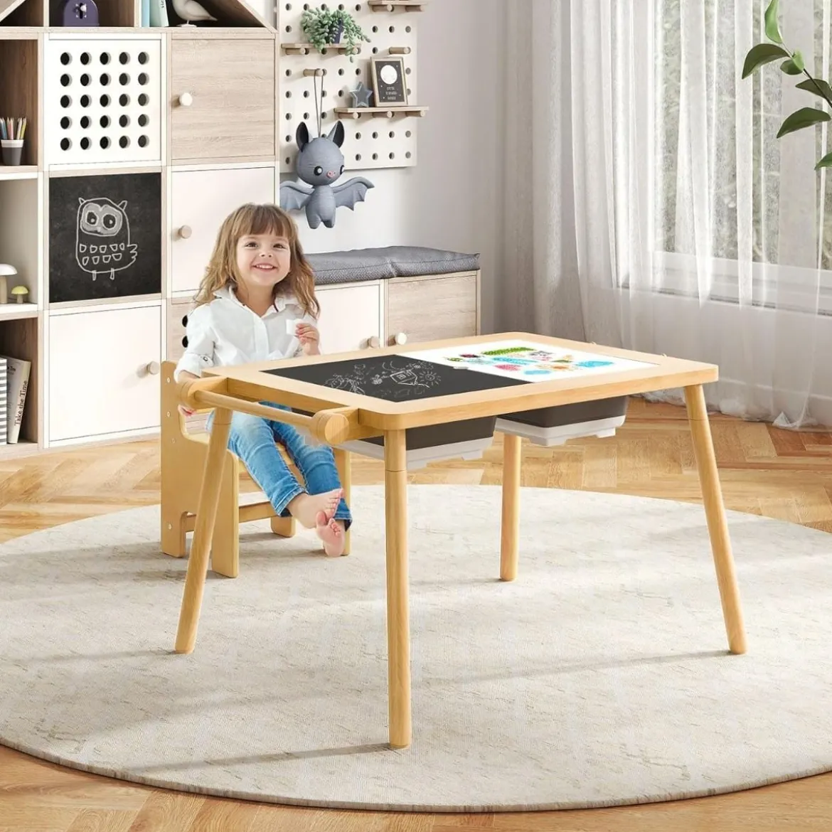 Kindertisch mit Umkehrbarer Tischplatte Höhenverstellbarer Spieltisch aus Kieferholz Natur