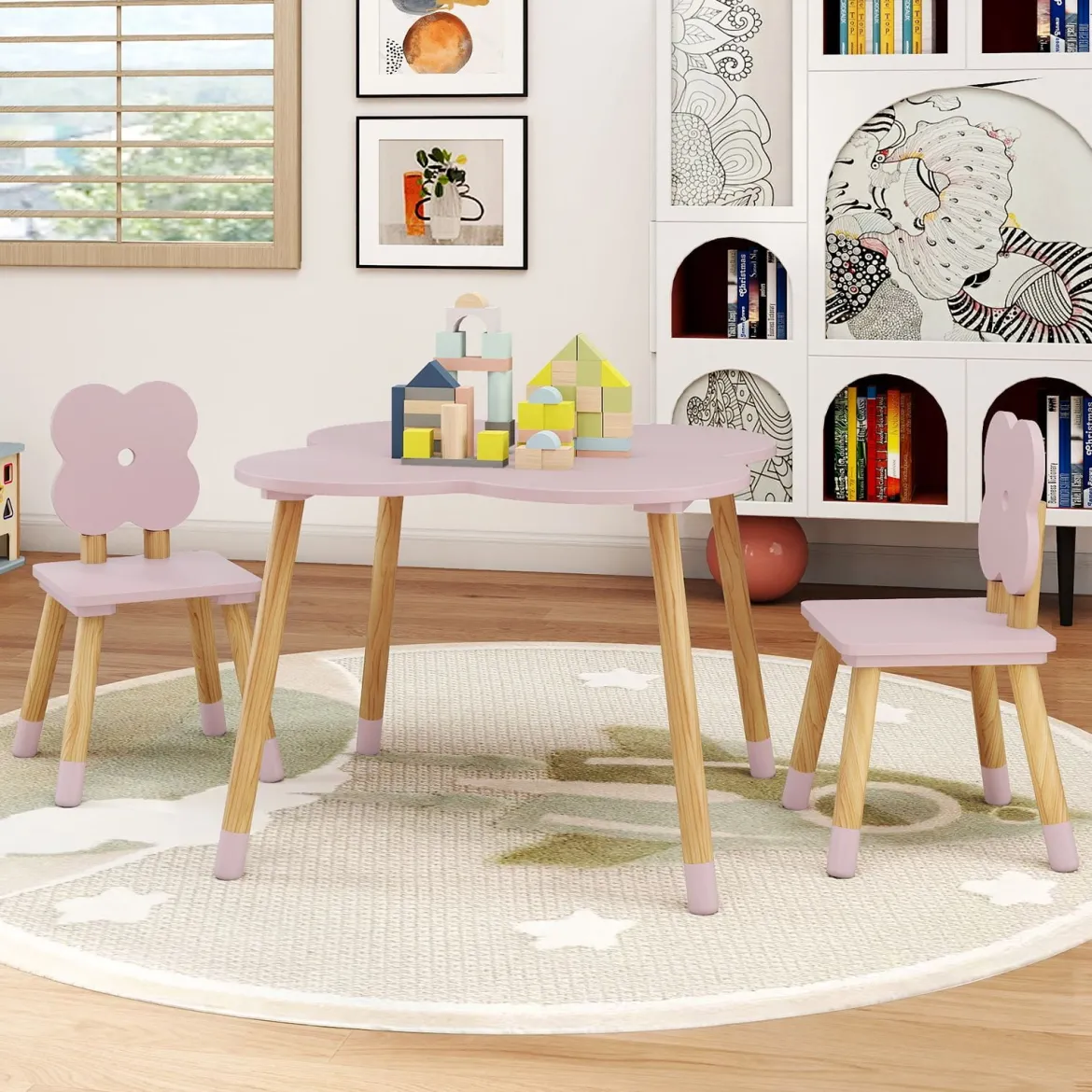 Kindertisch-Set in Blumenform hölzerner Spiel- und Aktivitätentisch für Kinder Rosa