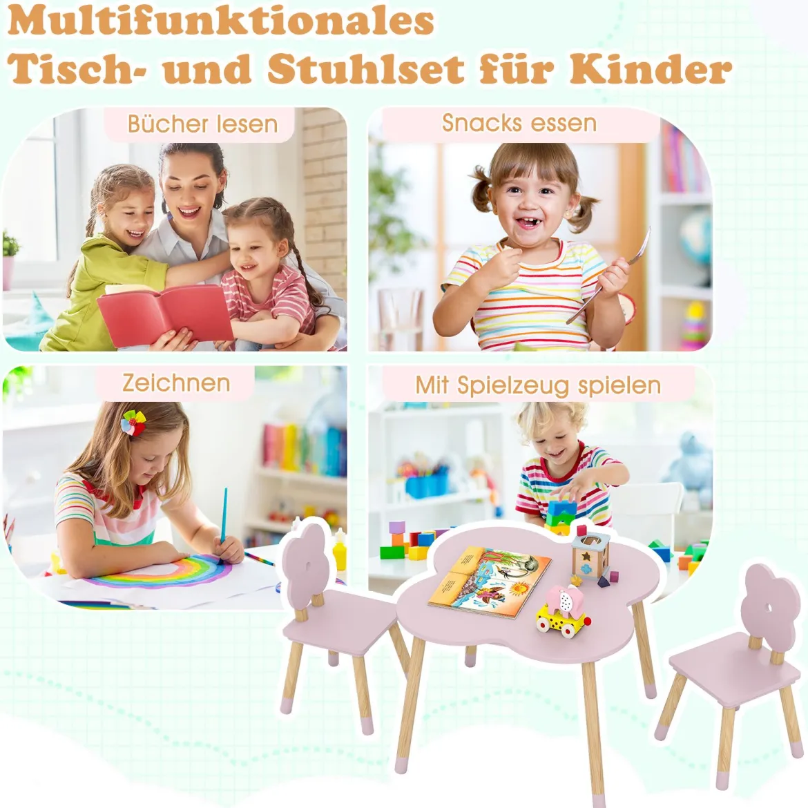 Kindertisch-Set in Blumenform hölzerner Spiel- und Aktivitätentisch für Kinder Rosa