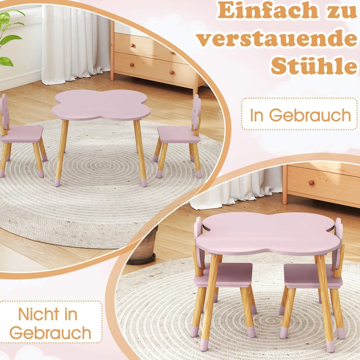 Kindertisch-Set in Blumenform hölzerner Spiel- und Aktivitätentisch für Kinder Rosa