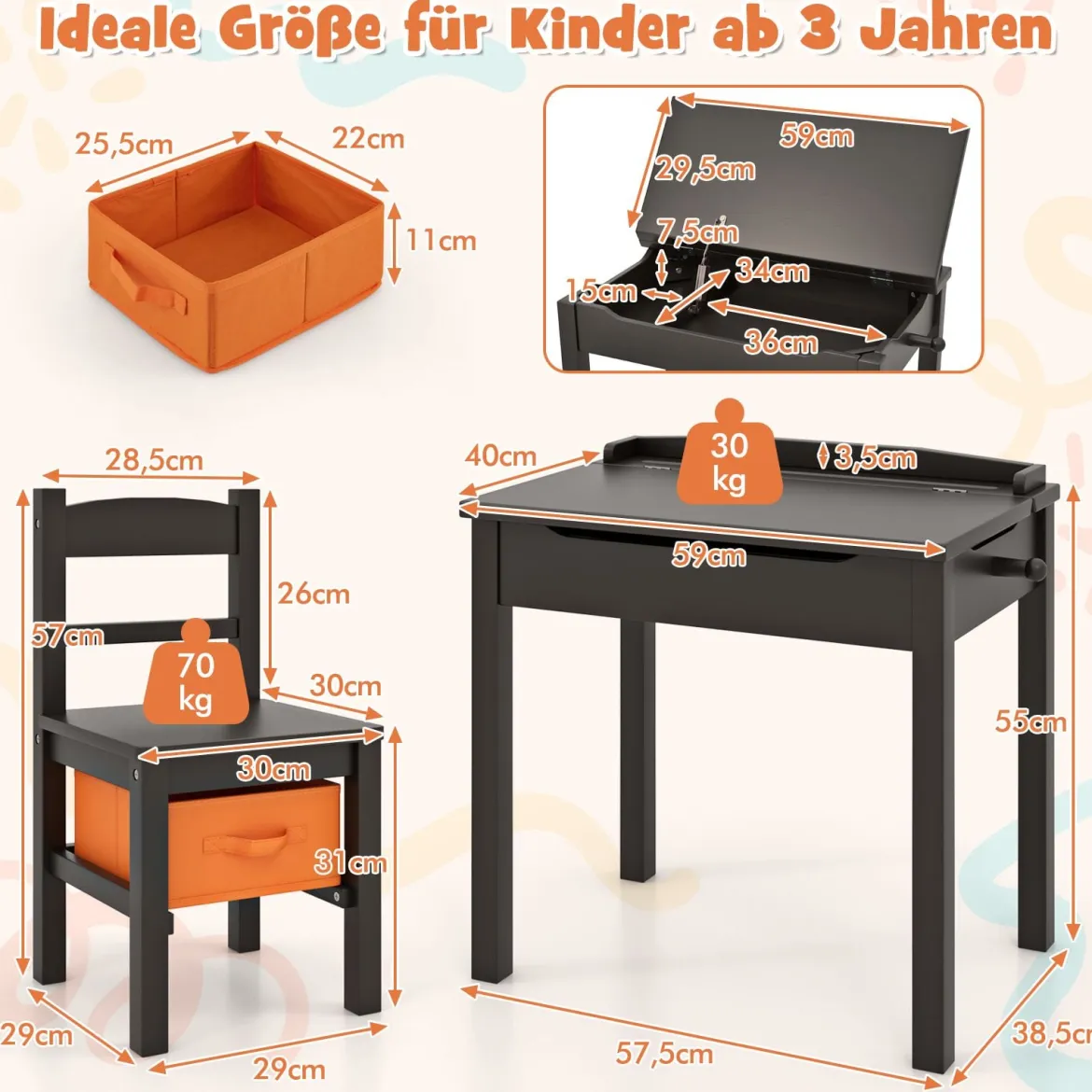 Kindertisch + Stuhl aus Massivholz mit Klappbarer Tischplatte & Schublade & Haken