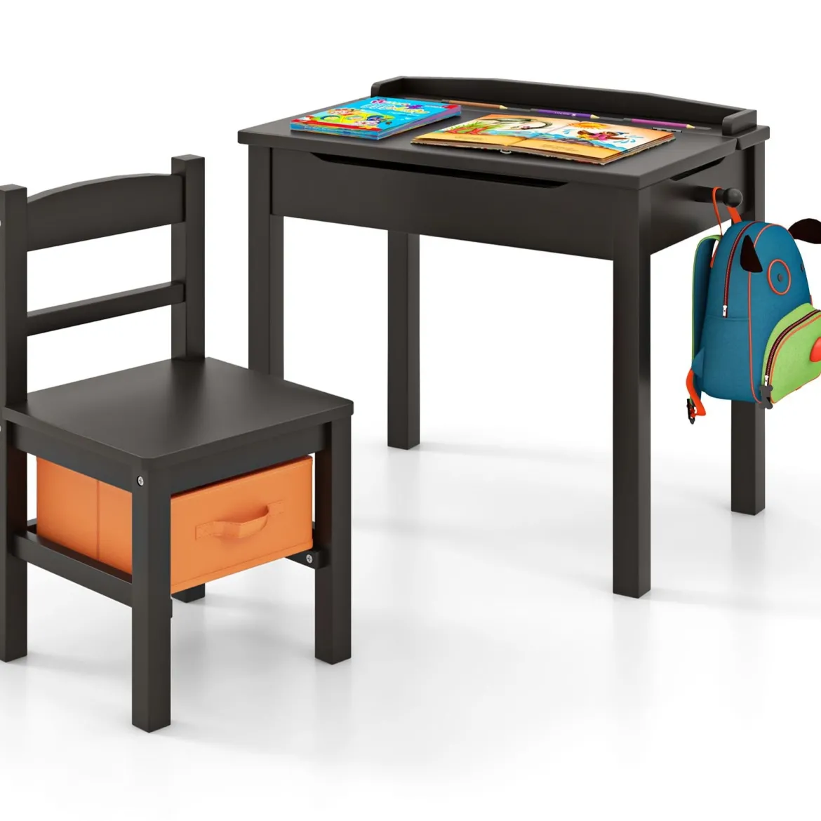 Kindertisch + Stuhl aus Massivholz mit Klappbarer Tischplatte & Schublade & Haken