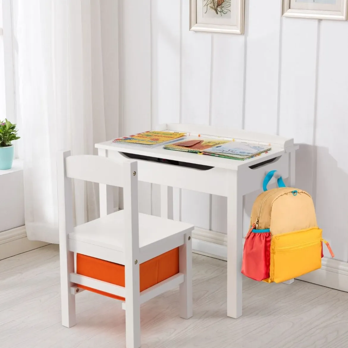 Kindertisch + Stuhl aus Massivholz mit Klappbarer Tischplatte & Schublade & Haken
