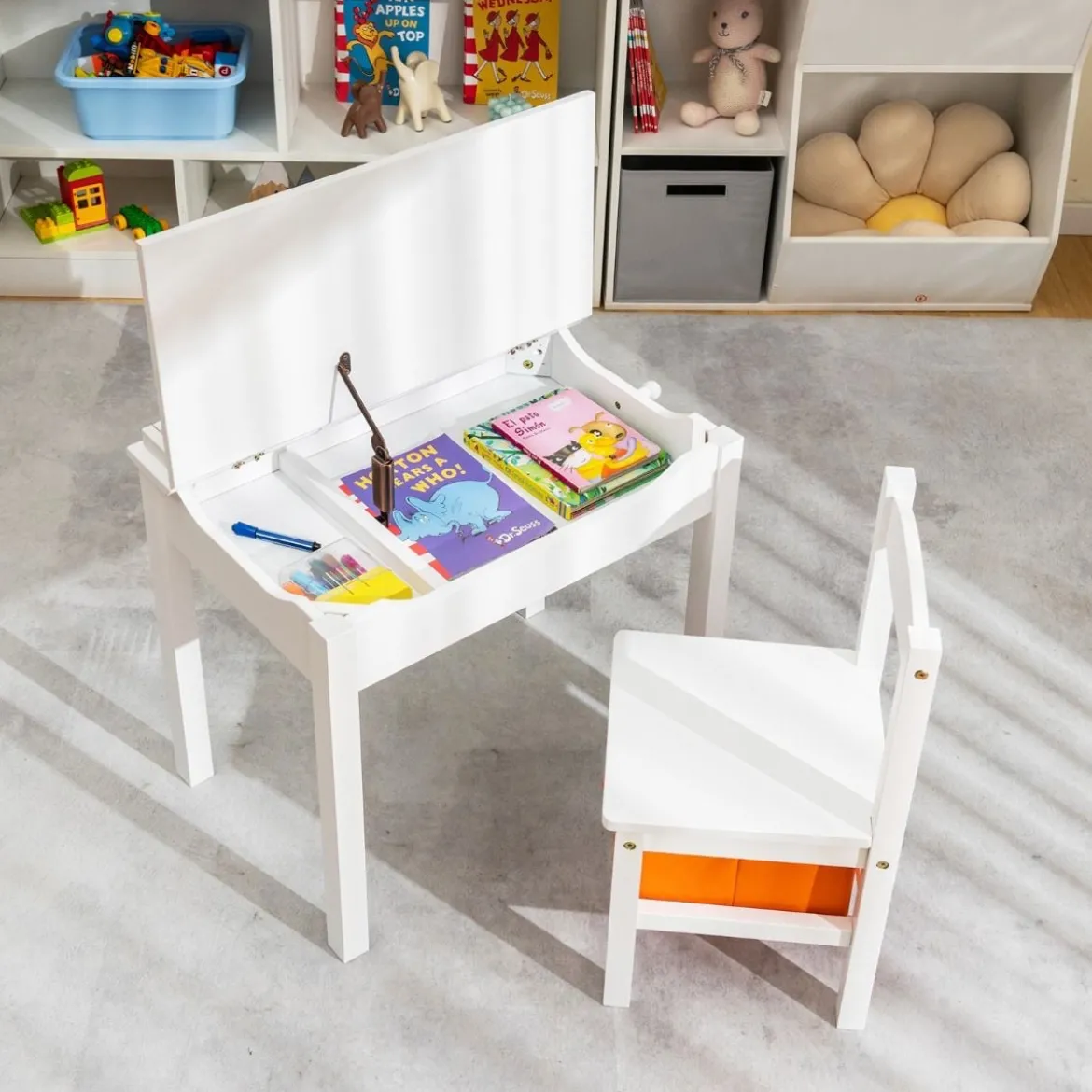 Kindertisch + Stuhl aus Massivholz mit Klappbarer Tischplatte & Schublade & Haken