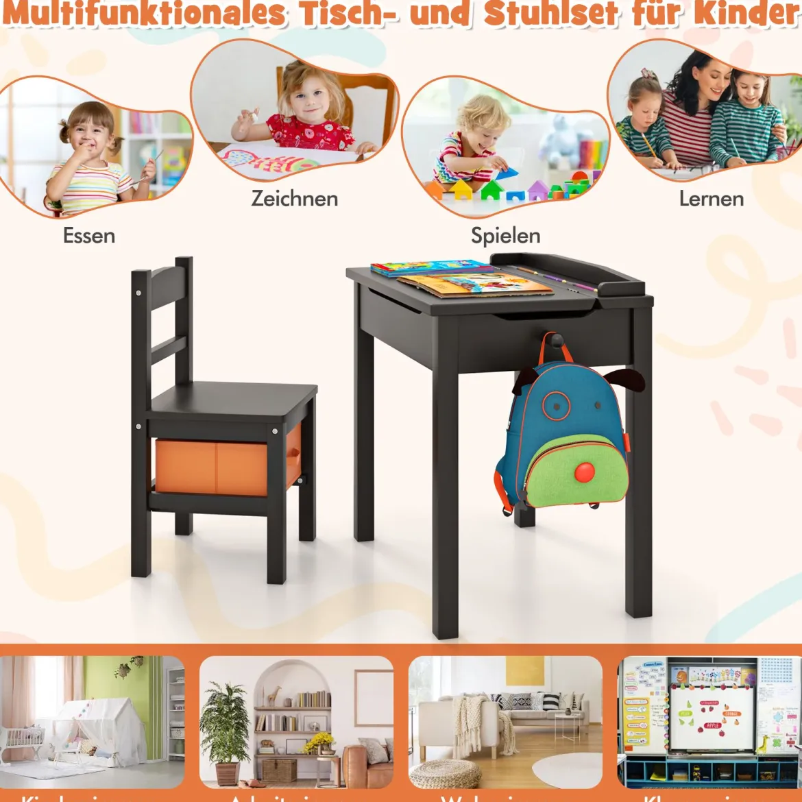 Kindertisch + Stuhl aus Massivholz mit Klappbarer Tischplatte & Schublade & Haken