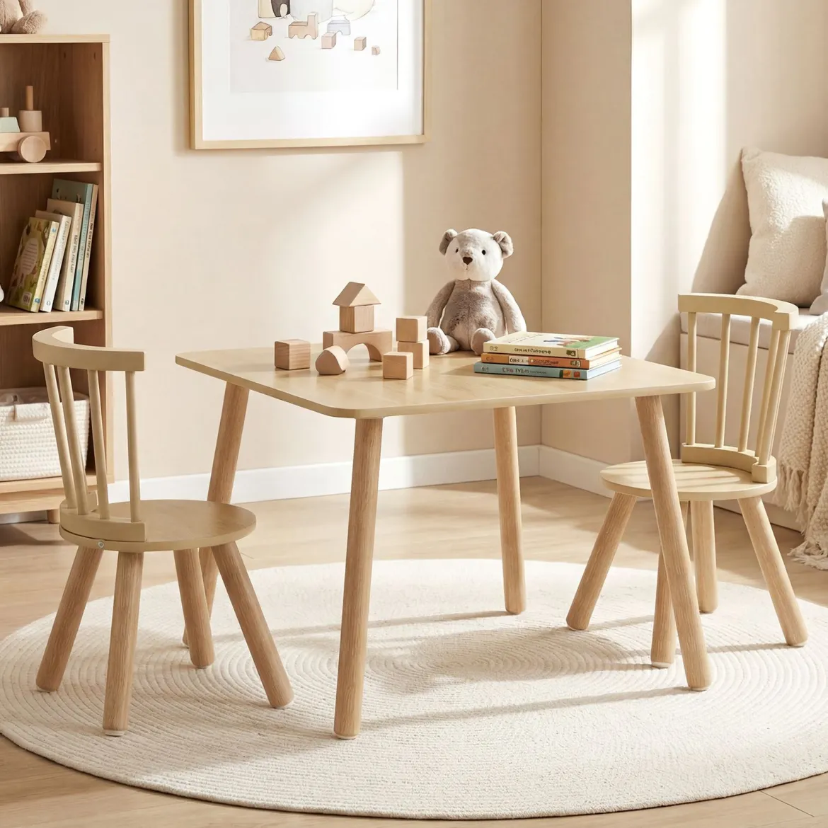 Kindertisch und 2 Stühle Set Holz Kinder Aktivitätstisch-Set mit geschwungenen Spindel-Rückenlehnen Natur
