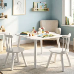 Kindertisch und 2 Stühle Set Holz Kinder Aktivitätstisch-Set mit geschwungenen Spindel-Rückenlehnen Weiß