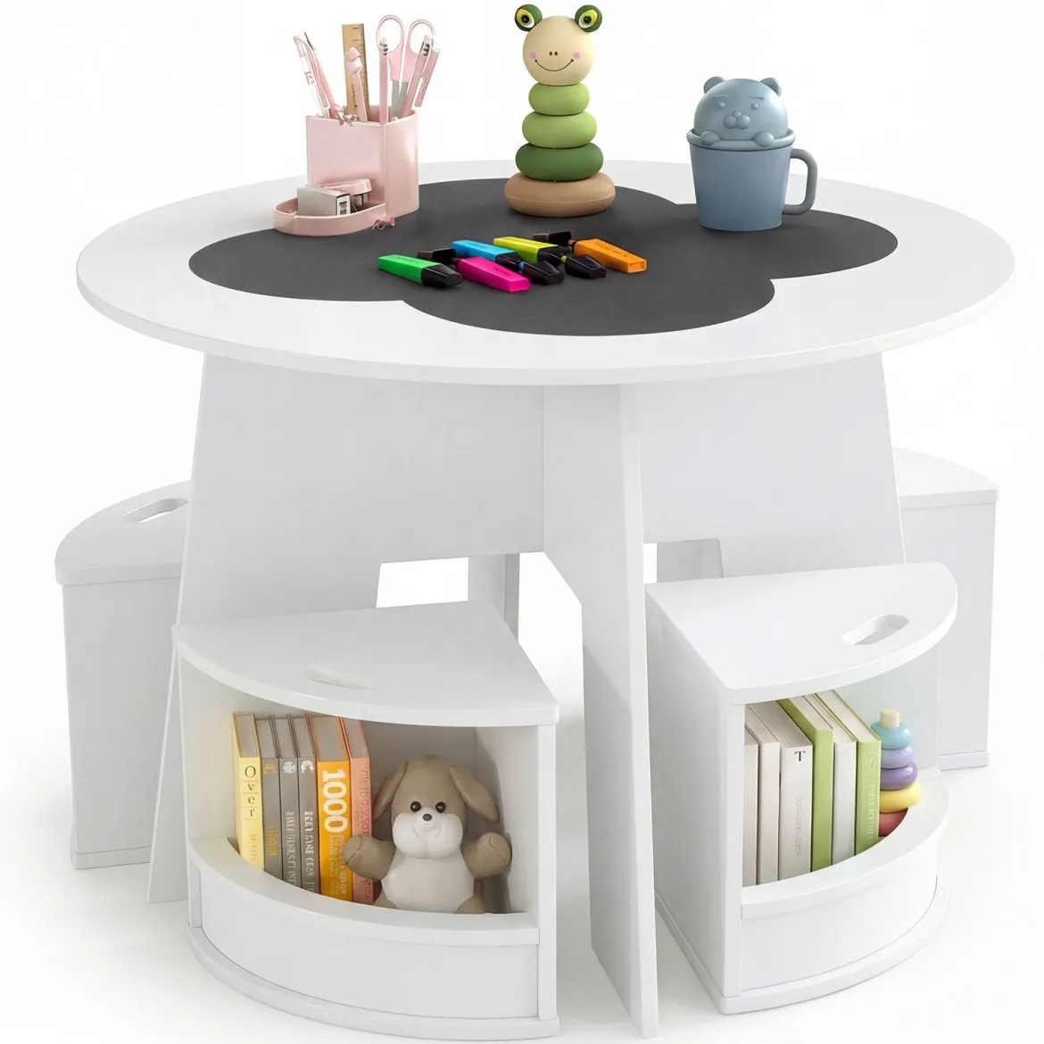 Kindertisch und Stuhl Set aus Holz 5 Teilige Kindersitzgruppe Rund mit 4 Stauraumhocker Weiß