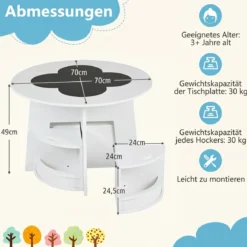 Kindertisch und Stuhl Set aus Holz 5 Teilige Kindersitzgruppe Rund mit 4 Stauraumhocker Weiß