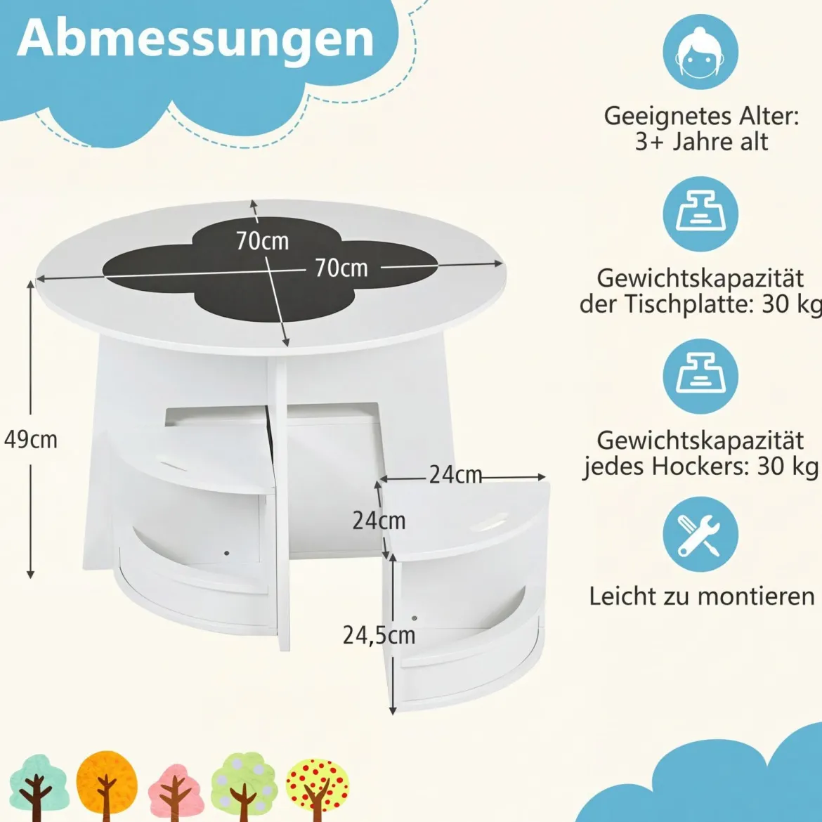 Kindertisch und Stuhl Set aus Holz 5 Teilige Kindersitzgruppe Rund mit 4 Stauraumhocker Weiß