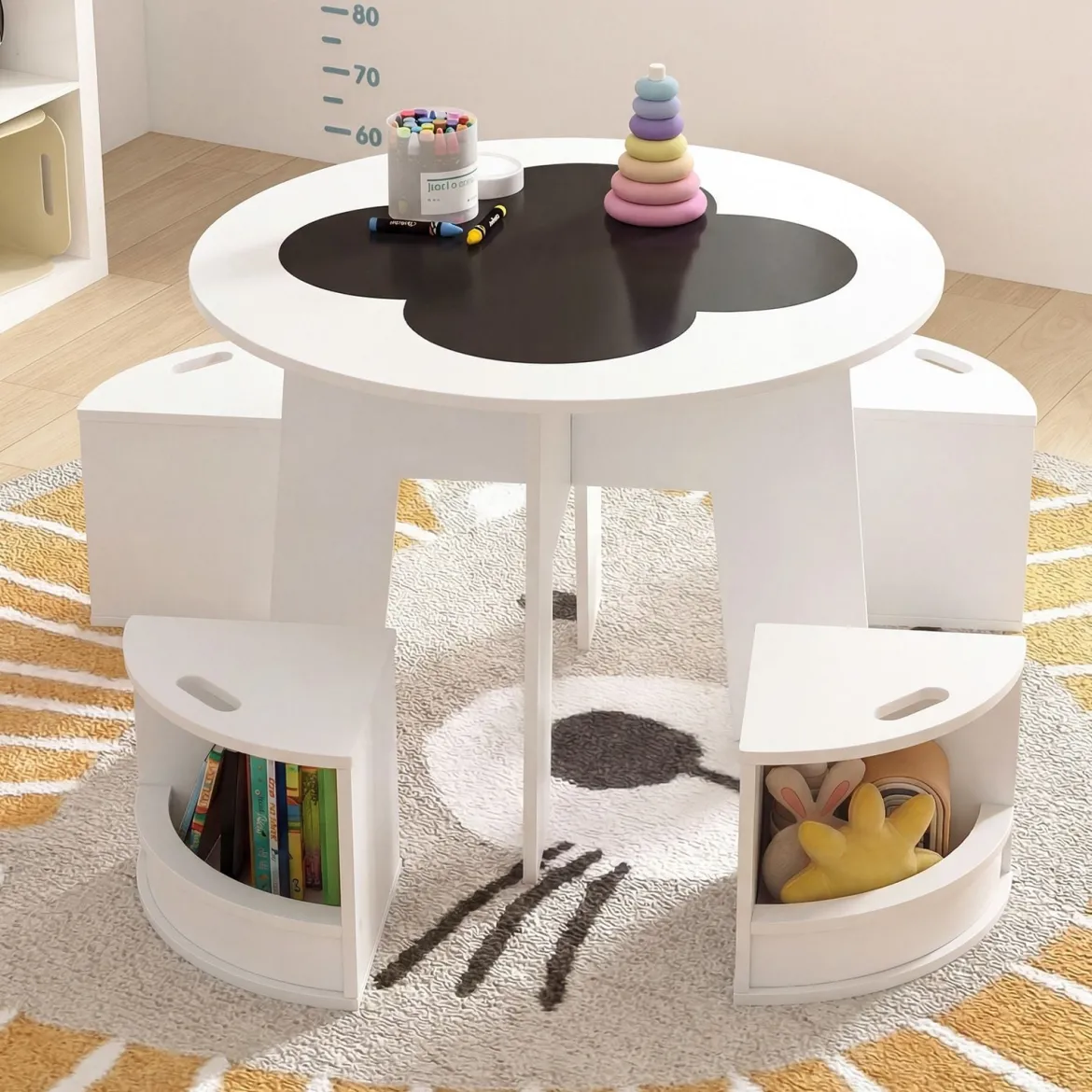 Kindertisch und Stuhl Set aus Holz 5 Teilige Kindersitzgruppe Rund mit 4 Stauraumhocker Weiß
