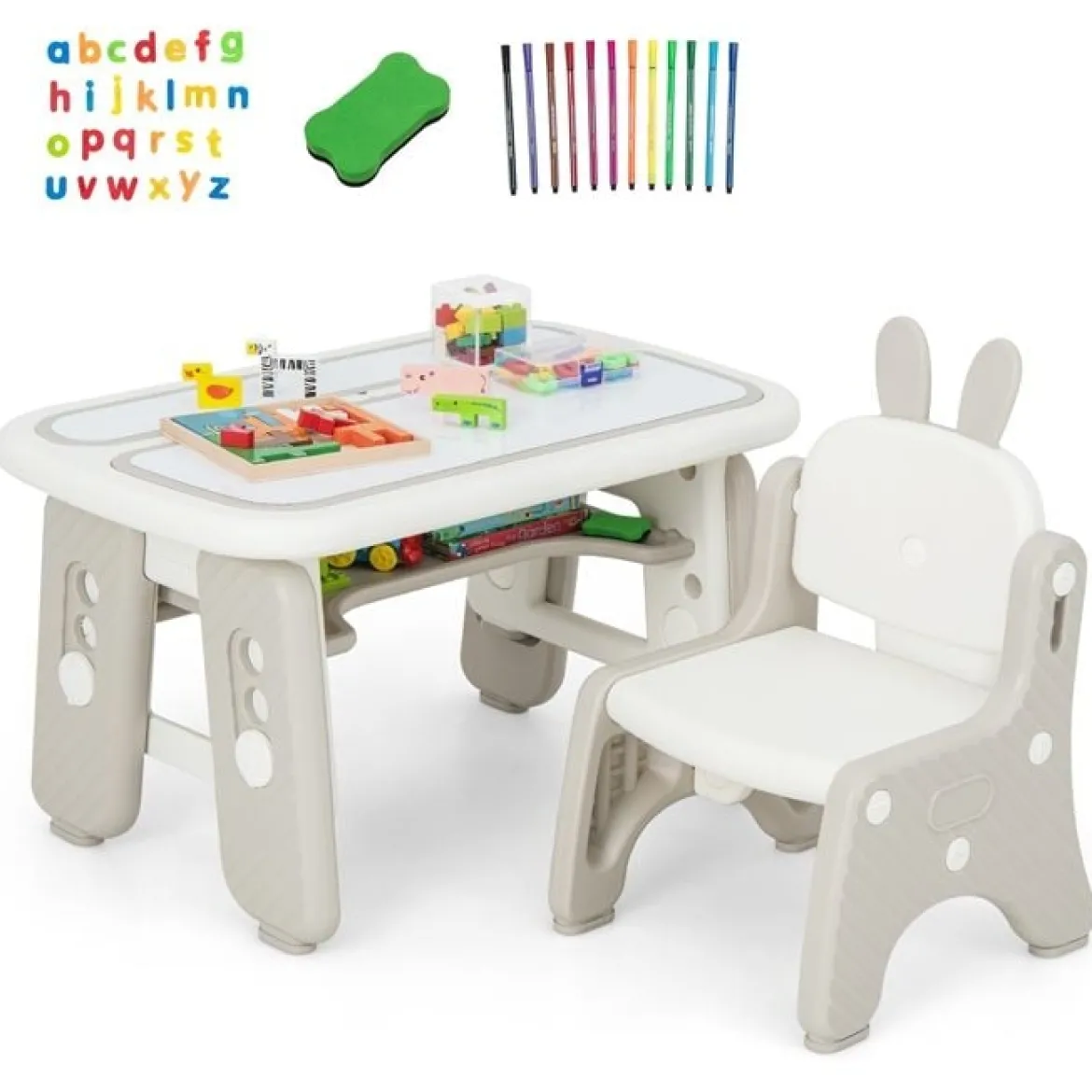 Kindertisch- und Stuhlset Kunsttisch und Stuhl für Kleinkinder mit aufklappbarem Bücherregal Grau