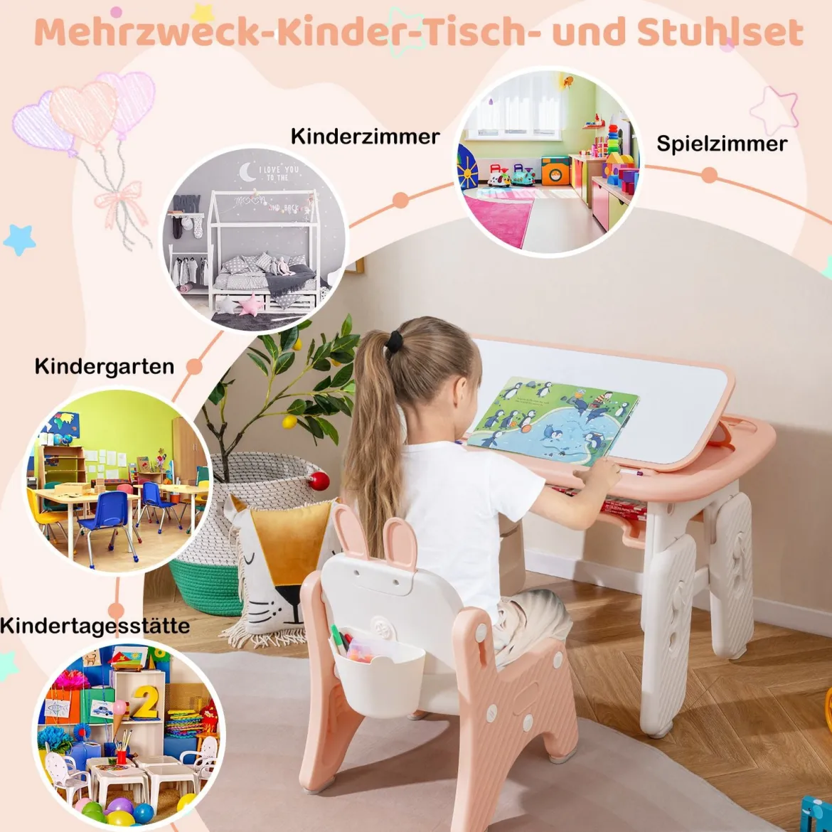 Kindertisch- und Stuhlset Kunsttisch und Stuhl für Kleinkinder mit aufklappbarem Bücherregal Rosa