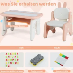 Kindertisch- und Stuhlset Kunsttisch und Stuhl für Kleinkinder mit aufklappbarem Bücherregal Rosa