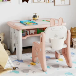 Kindertisch- und Stuhlset Kunsttisch und Stuhl für Kleinkinder mit aufklappbarem Bücherregal Rosa