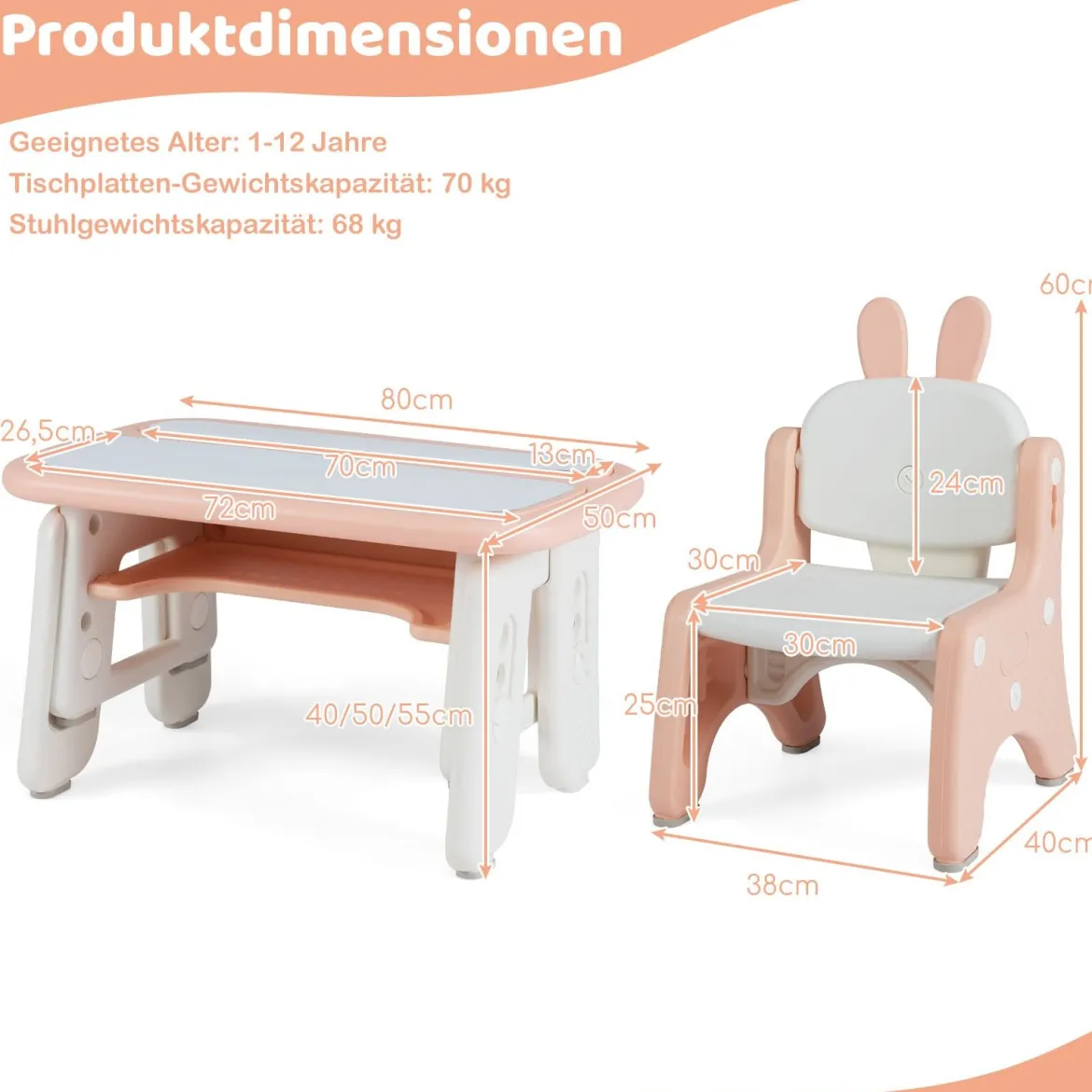 Kindertisch- und Stuhlset Kunsttisch und Stuhl für Kleinkinder mit aufklappbarem Bücherregal Rosa