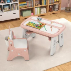 Kindertisch- und Stuhlset Kunsttisch und Stuhl für Kleinkinder mit aufklappbarem Bücherregal Rosa