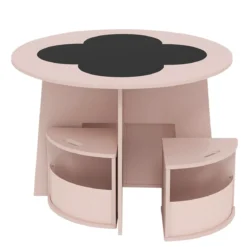 Kindertisch und Stuhl Set rund 5 teilige Kindersitzgruppe aus Holz mit 4 Stauraumhocker Rosa
