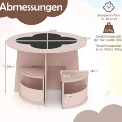 Kindertisch und Stuhl Set rund 5 teilige Kindersitzgruppe aus Holz mit 4 Stauraumhocker Rosa