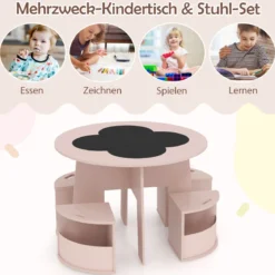 Kindertisch und Stuhl Set rund 5 teilige Kindersitzgruppe aus Holz mit 4 Stauraumhocker Rosa
