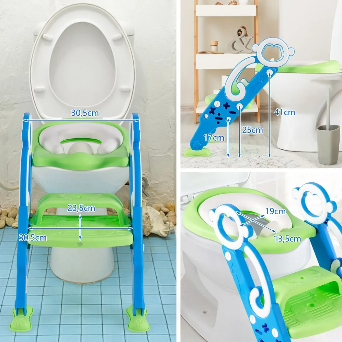 Kinder Toilettensitz mit Leiter und Griffe für Kleinkinder von 1 bis 5 Jahre Blau+Grün