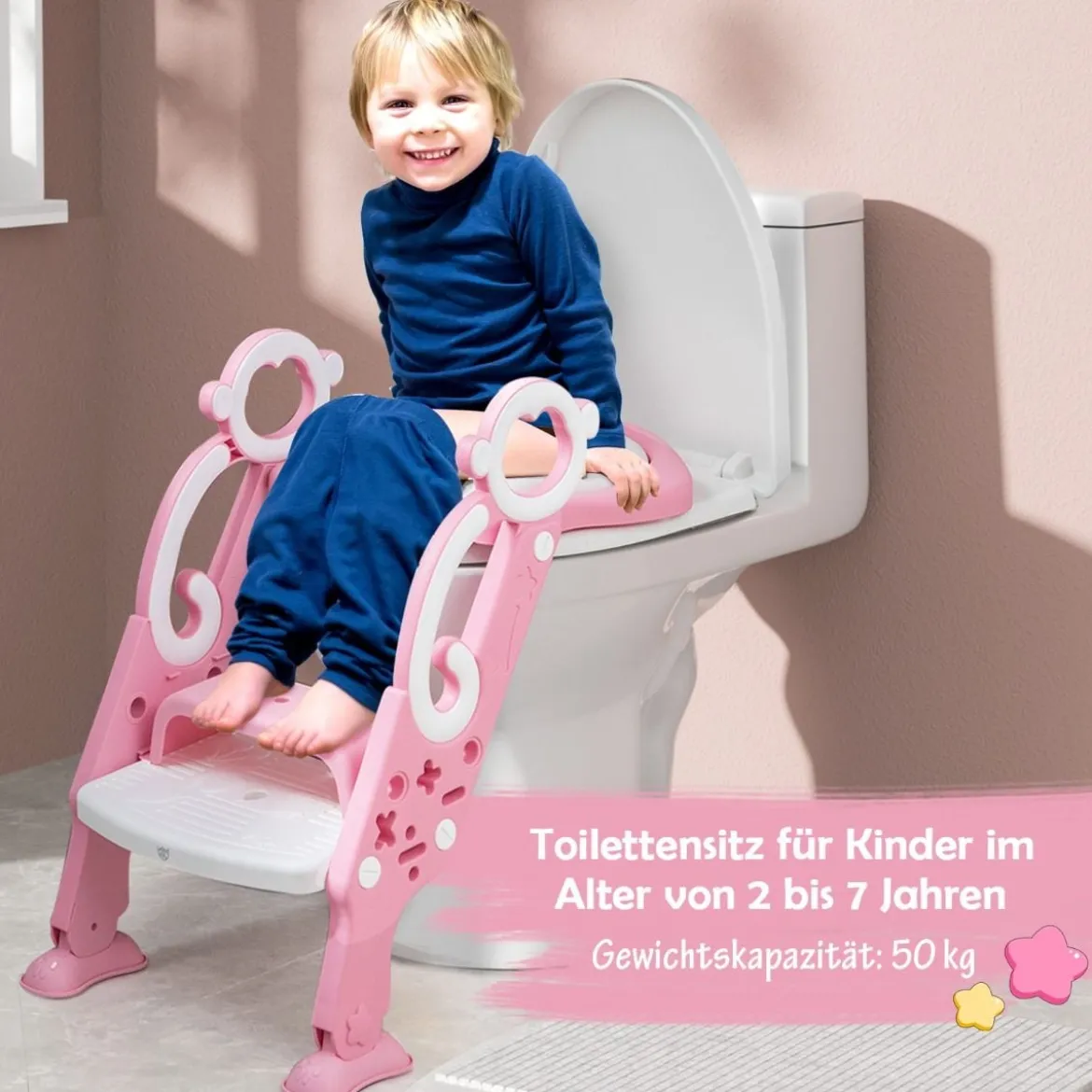 Kinder Toilettensitz mit Leiter und Griffe für Kleinkinder von 1 bis 5 Jahre Rosa
