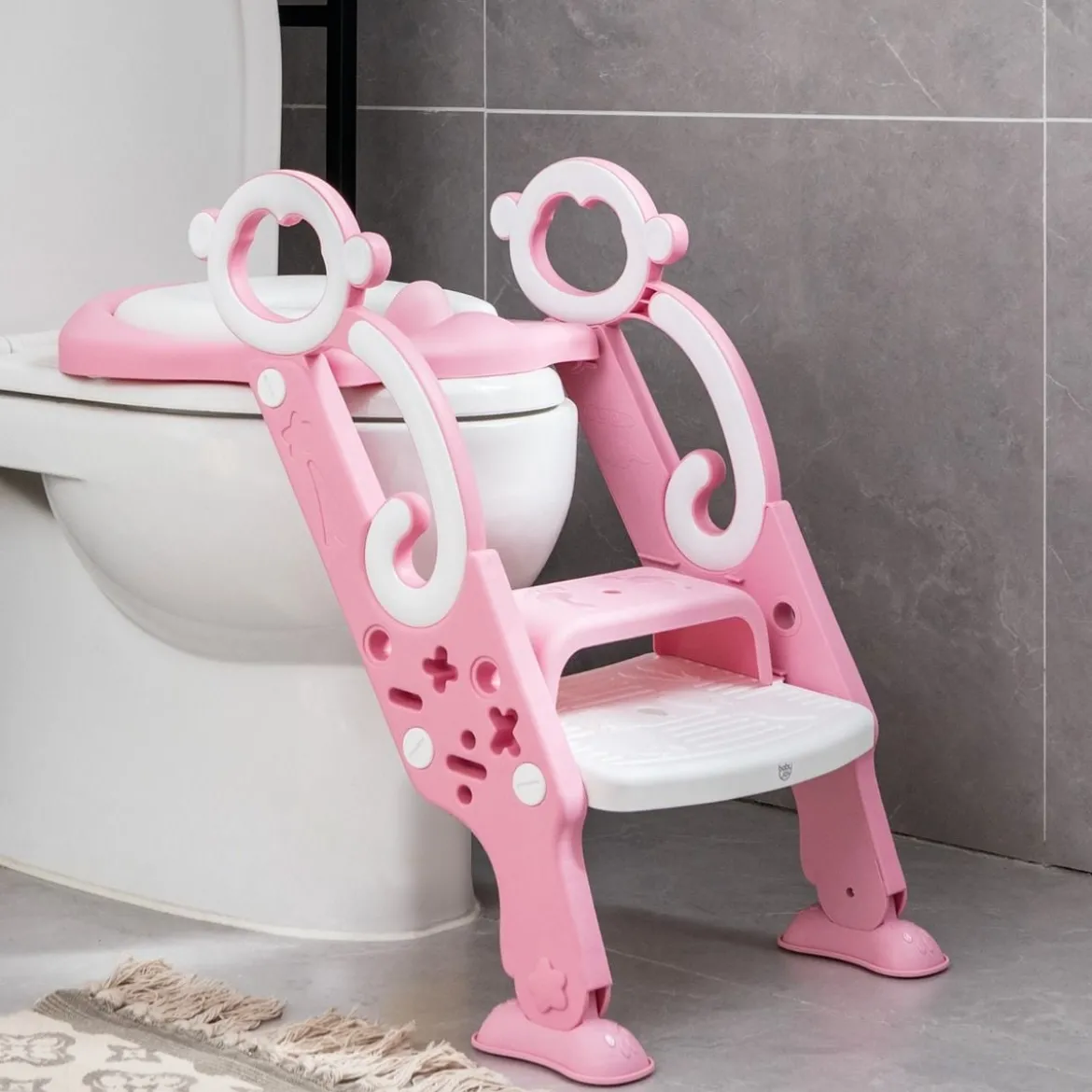 Kinder Toilettensitz mit Leiter und Griffe für Kleinkinder von 1 bis 5 Jahre Rosa