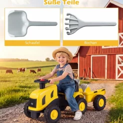 Kindertraktor mit Anhänger Hupe & Ergonomischem Sitz 2-in-1 Rutschfahrzeug 25 kg Belastbarkeit Gelb