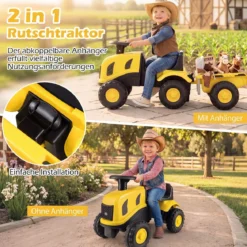 Kindertraktor mit Anhänger Hupe & Ergonomischem Sitz 2-in-1 Rutschfahrzeug 25 kg Belastbarkeit Gelb