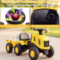 Kindertraktor mit Anhänger Hupe & Ergonomischem Sitz 2-in-1 Rutschfahrzeug 25 kg Belastbarkeit Gelb