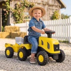 Kindertraktor mit Anhänger Hupe & Ergonomischem Sitz 2-in-1 Rutschfahrzeug 25 kg Belastbarkeit Gelb