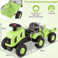 Kindertraktor mit Anhänger Hupe & Ergonomischem Sitz 2-in-1 Rutschfahrzeug 25 kg Belastbarkeit Grün