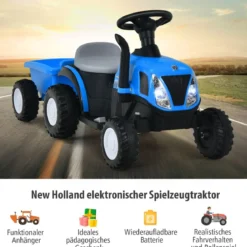Kindertraktor 6 V Traktor mit Abnehmbarem Anhänger Kinder Aufsitztraktor mit USB-Anschluss Blau