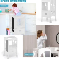 Kinder Tritthocker mit 2-stufig verstellbarer Höhe & Sicherheitsnetz für Kinder ab 18 Monate Weiß