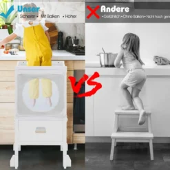 Kinder Tritthocker mit 2-stufig verstellbarer Höhe & Sicherheitsnetz für Kinder ab 18 Monate Weiß