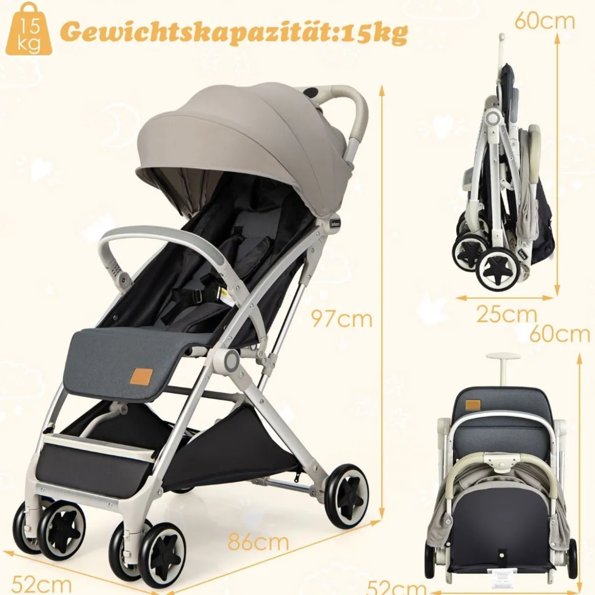 Kinderwagen faltbar Reisebuggy mit verstellbarem Rückenlehne & Verdeck Babywagen mit Becherhalter Grau